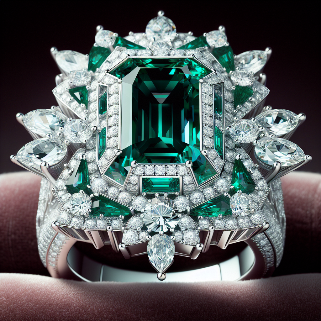 Custom platinum ring featuring a large emerald center stone surrounded by sparkling diamonds in an intricate design.