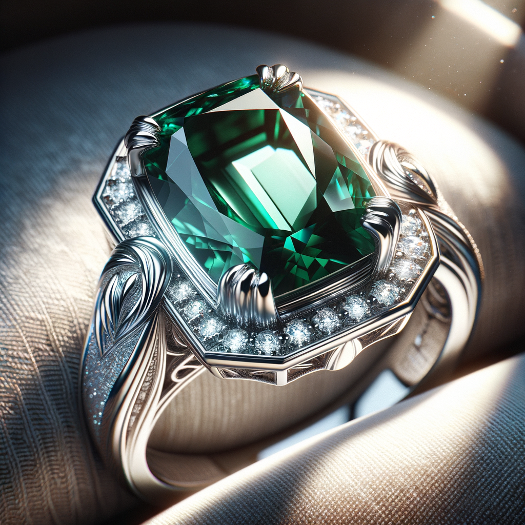 Close-up of a custom platinum ring with a large emerald-cut green gemstone surrounded by small diamonds.