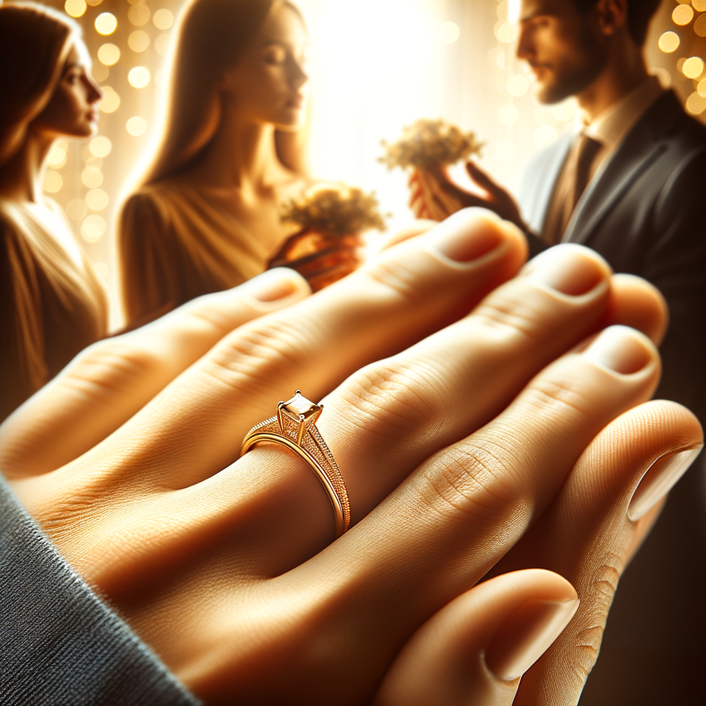 Close-up of a 24K gold diamond engagement ring on a hand with a romantic couple blurred in the background.