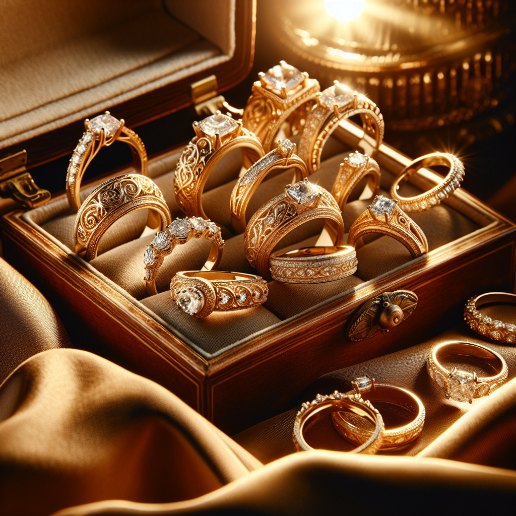 Luxurious 24K gold engagement rings with diamonds displayed in an elegant jewelry box on a golden satin background.