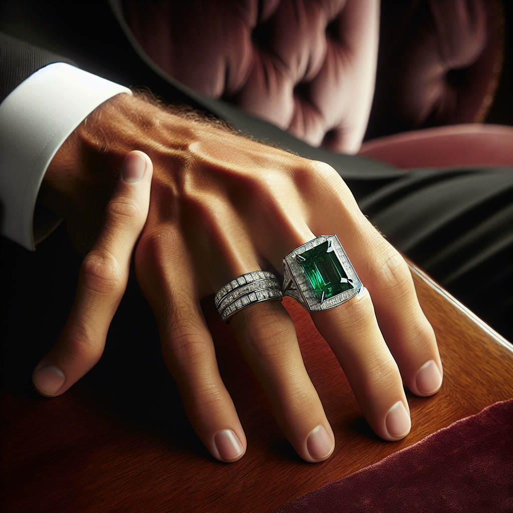 Close-up of a hand wearing a men's platinum diamond ring with a vibrant emerald on a wooden surface.