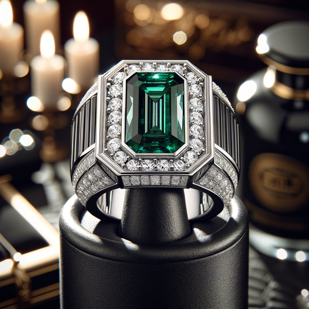 Men's platinum ring featuring diamonds and a central emerald, displayed on a black stand with soft candlelight background.