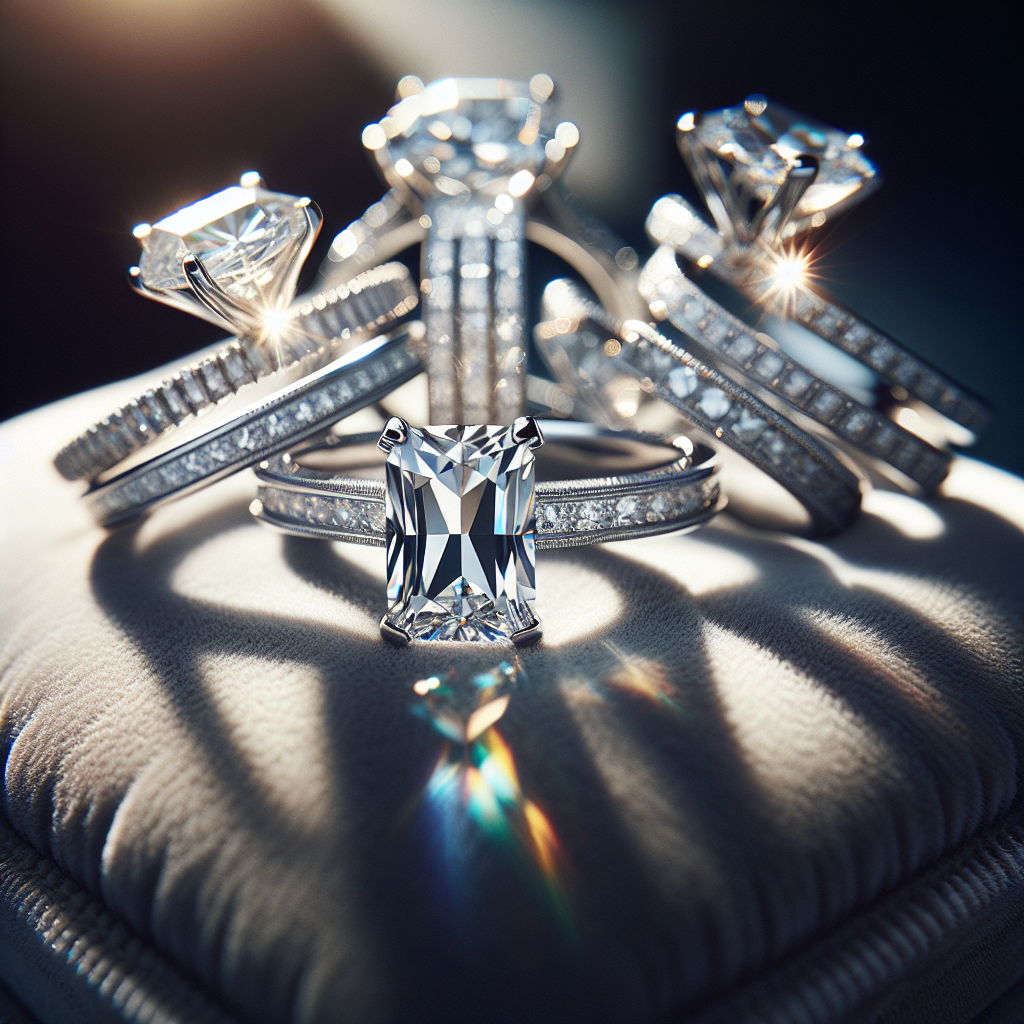 Close-up of elegant icy diamond engagement rings sparkling on a soft cushioned surface, symbolizing timeless elegance.