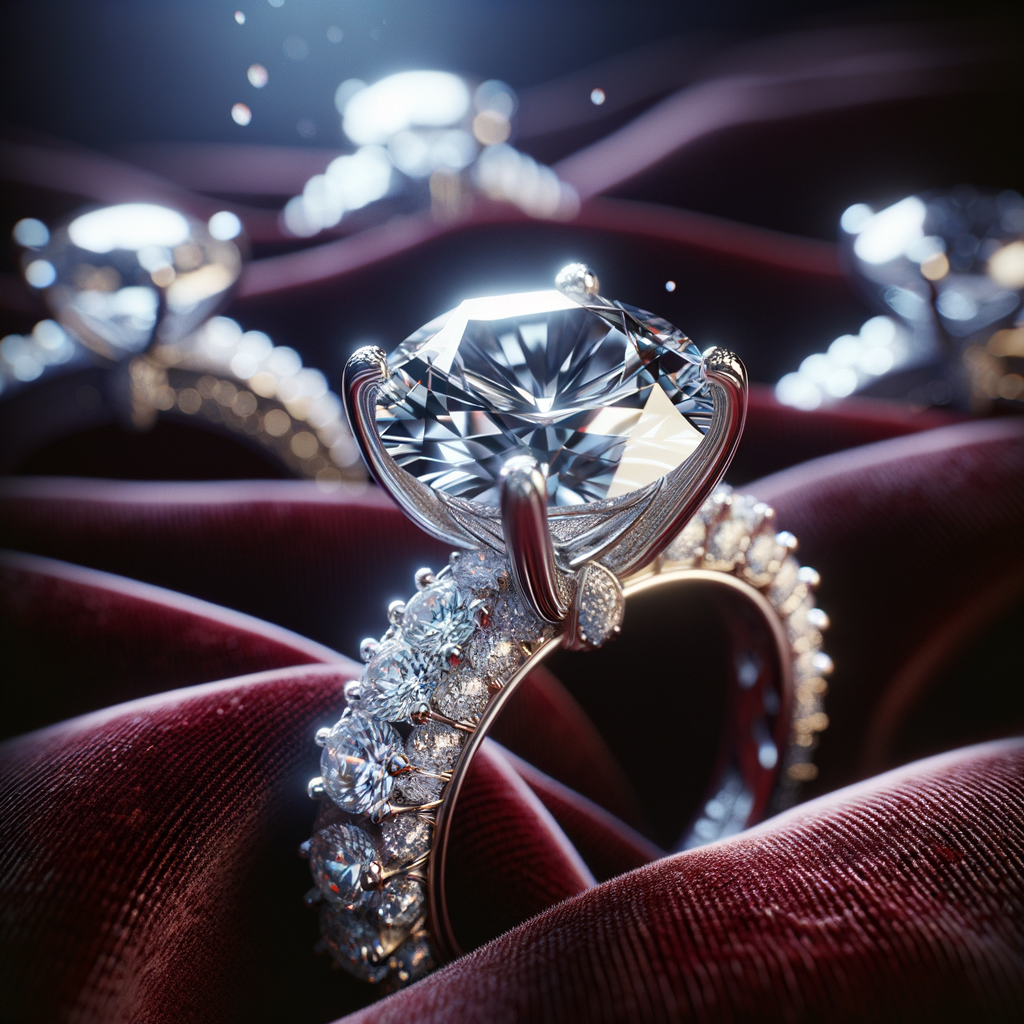 Close-up of an icy diamond engagement ring sparkling on rich red velvet fabric, symbolizing timeless elegance.
